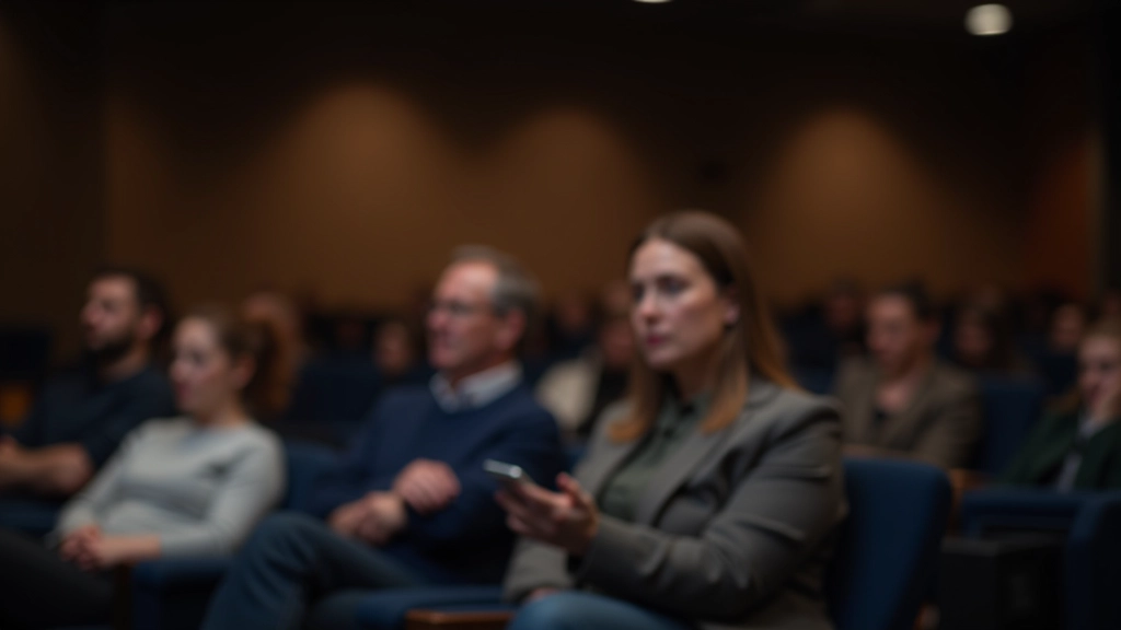 Publiek in zaal, luisterend naar spreker, verschillende gezichten, aandacht