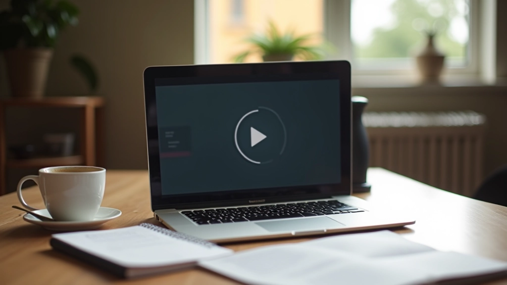 Laptop scherm toont presentatie-opname, notitieblok met verbeterpunten, koffiekopje op bureau