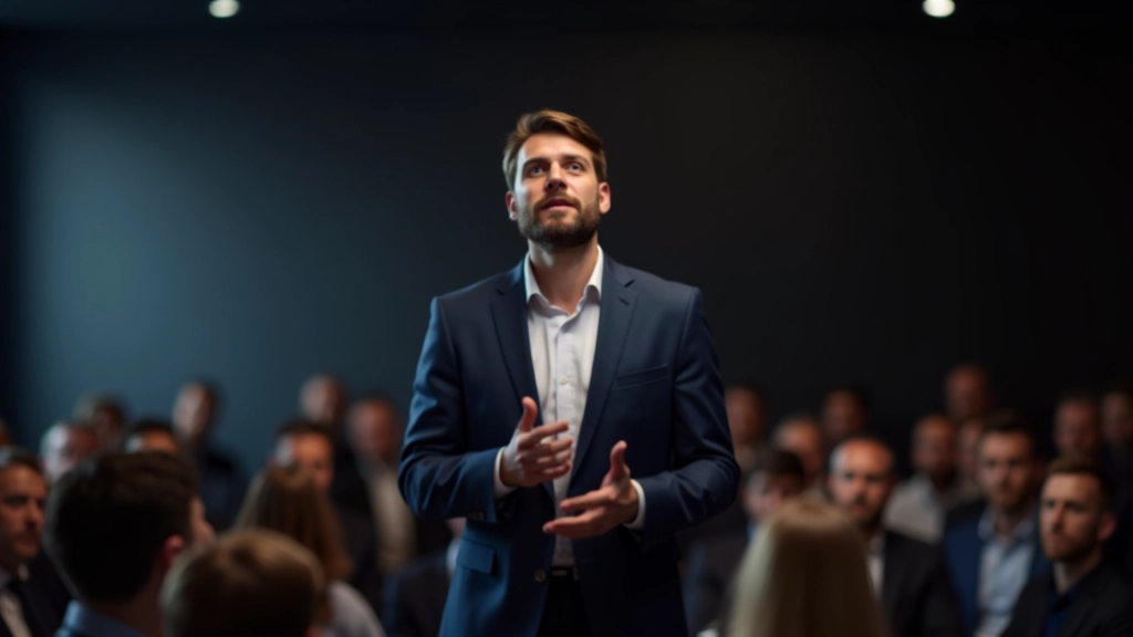 Presentator aan het begin van een presentatie, staande voor het publiek, zelfverzekerde houding