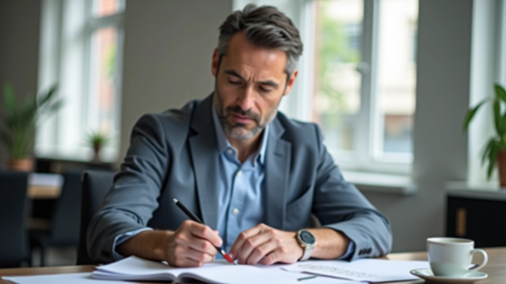 Presentator aan een bureau met notities en oefenmateriaal, voorbereiding voor toespraak