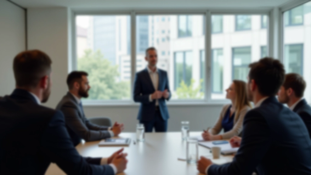 Klein groepje professionals luistert naar spreker in vergaderruimte, aandacht en concentratie