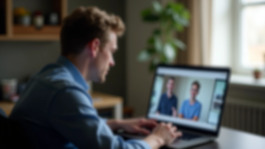 Persoon bekijkt zichzelf op laptop scherm, videofeedback en zelfanalyse van presentatie