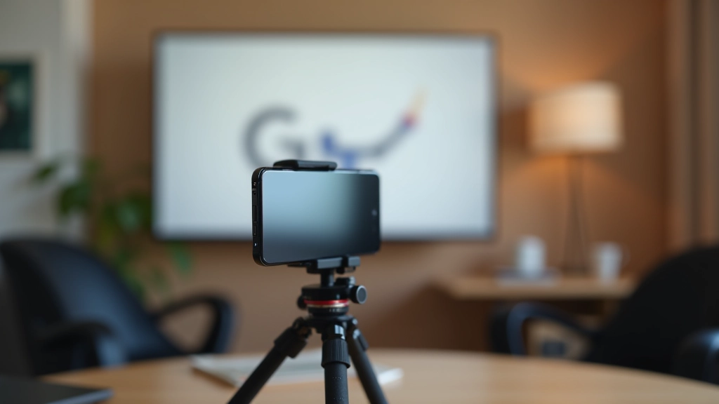 Smartphone op statief voor video-opname van thuisrehearsals, teleprompter setup in minimalistisch interieur