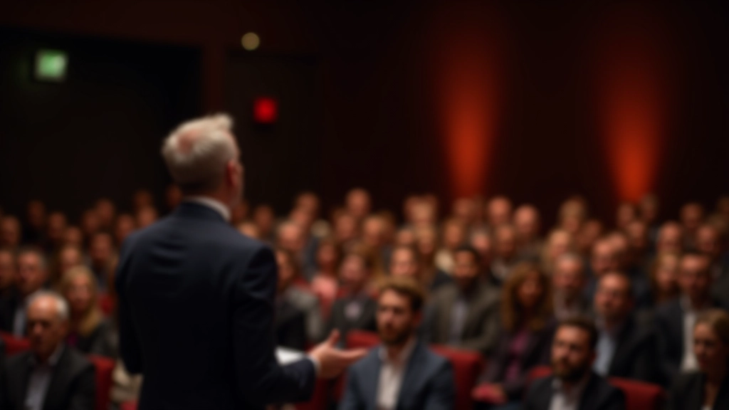 Spreker met duidelijke lichaamstaal, handen gebaren, voorkant van zaal, oogcontact publiek