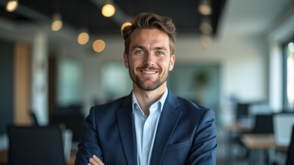 Trainingsleider in professioneel kantoor, portret van borst omhoog, zelfvertrouwen uitstralend