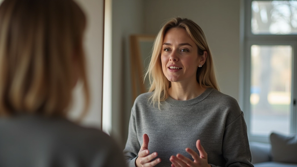 Vrouw oefent presentatie alleen thuis voor spiegel, zelfbewustzijn en voorbereiding