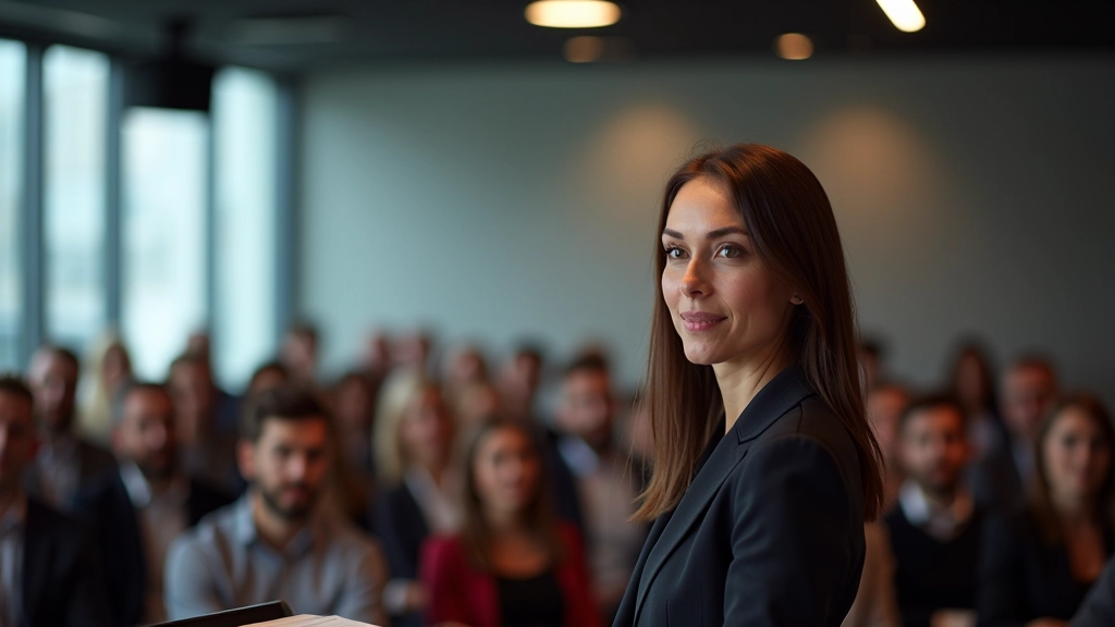 Vrouw aan het spreken voor klein publiek in conferentiezaal, oogcontact met toeschouwers