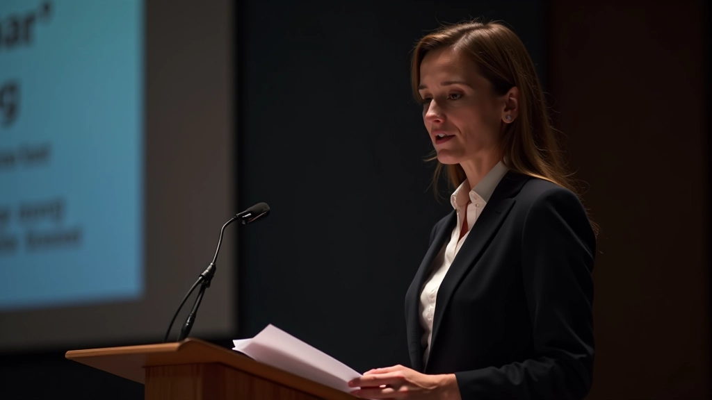 Presentator met aantekeningen op podium, kernboodschap voorbereid, visuele ondersteuning
